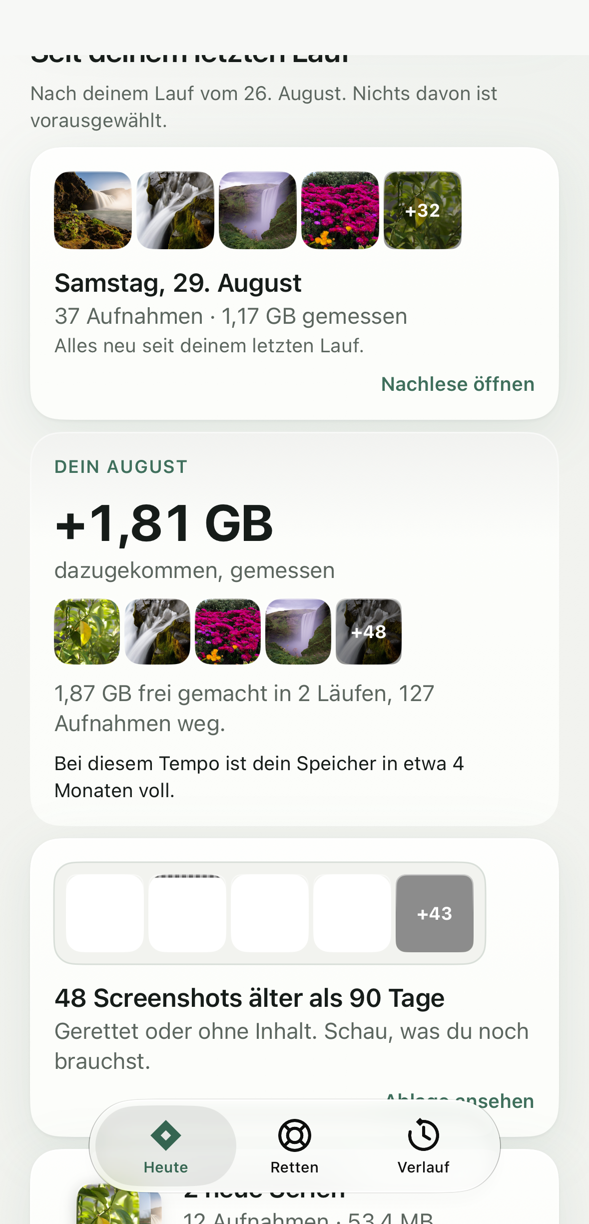 Abschnitt „Seit deinem letzten Lauf“: Nachlese für Samstag, 29. August mit 37 Aufnahmen, der August mit 1,81 GB Zuwachs und der Hinweis, dass der Speicher bei diesem Tempo in etwa 4 Monaten voll ist