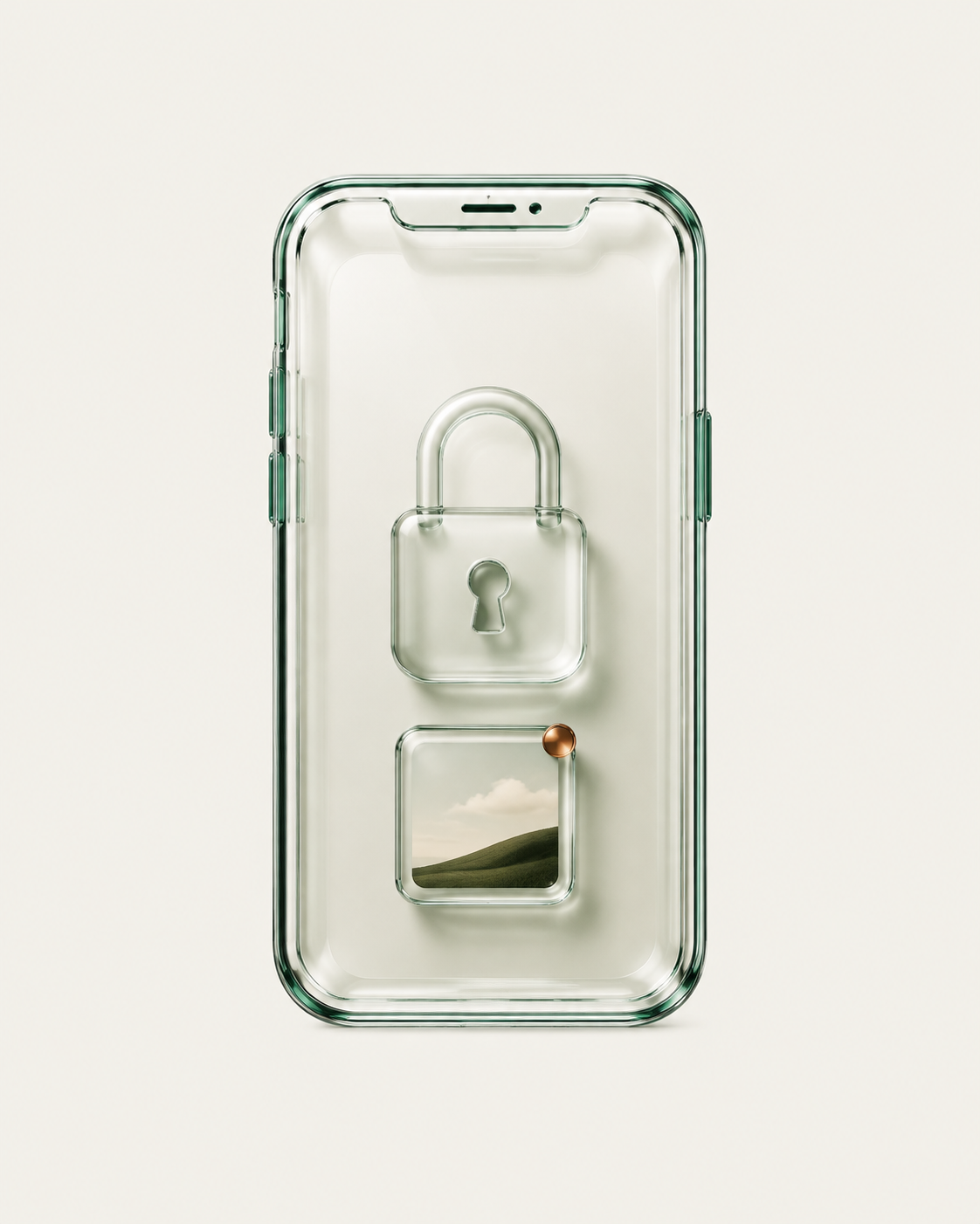 Illustration aus der App: ein gläsernes iPhone mit einem Schloss und einem Foto darin
